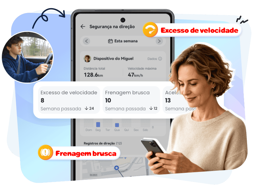 Responsável consultando os detalhes e alertas dos trajetos de um adolescente