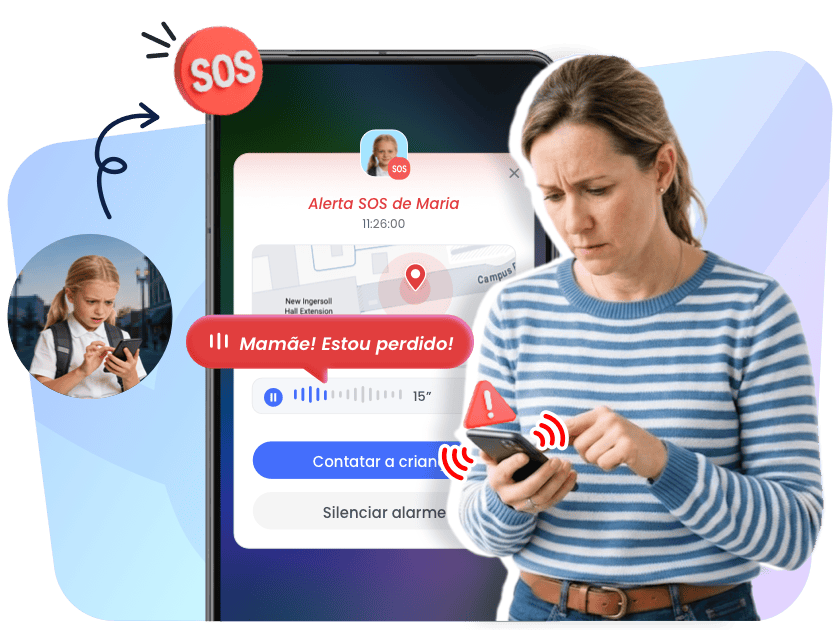 Um pai recebendo o alerta SOS do filho com localização em tempo real e 15 segundos de áudio no AirDroid Parental Control